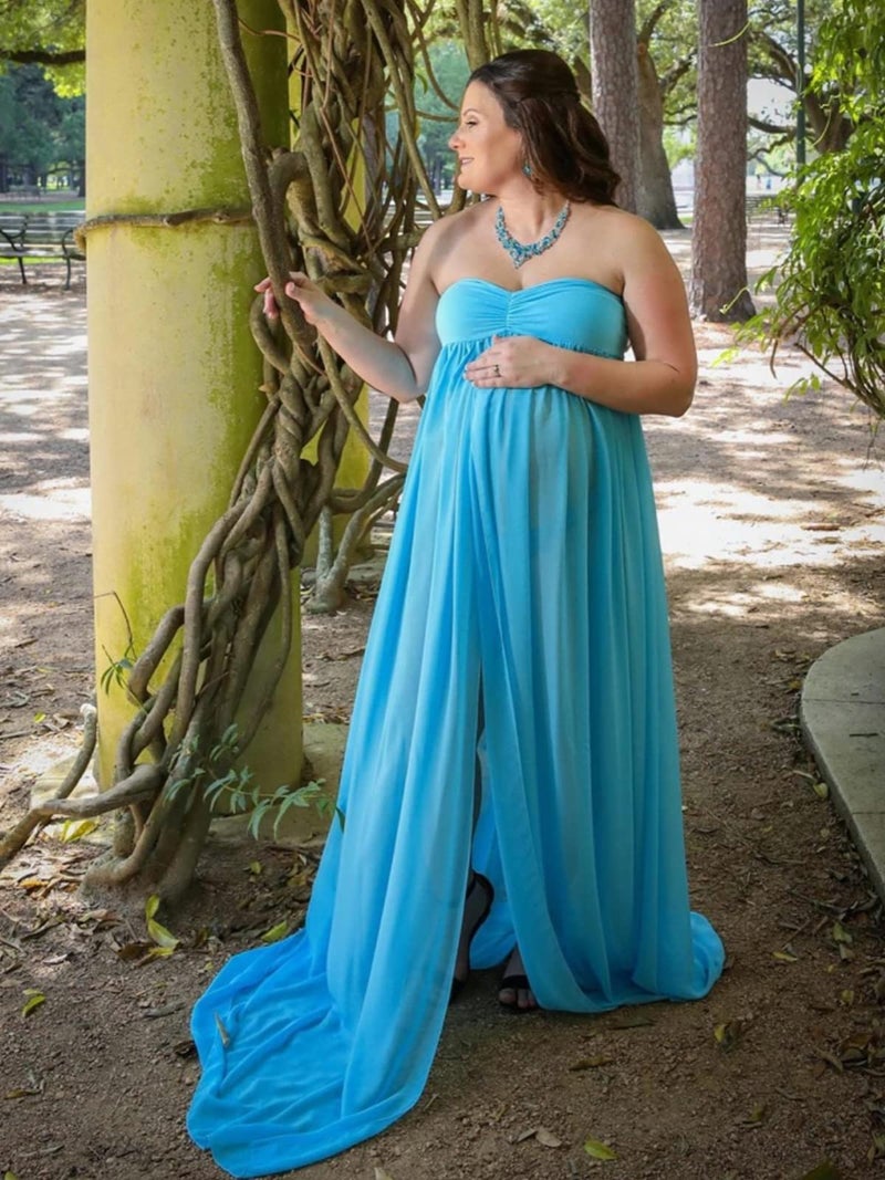YnimioAOX Women's Off Shoulder Strapless Sweetheart Maternity Dress for Photography Split Front Chiffon Gown for Photoshoot,Sky Blue - Image 4